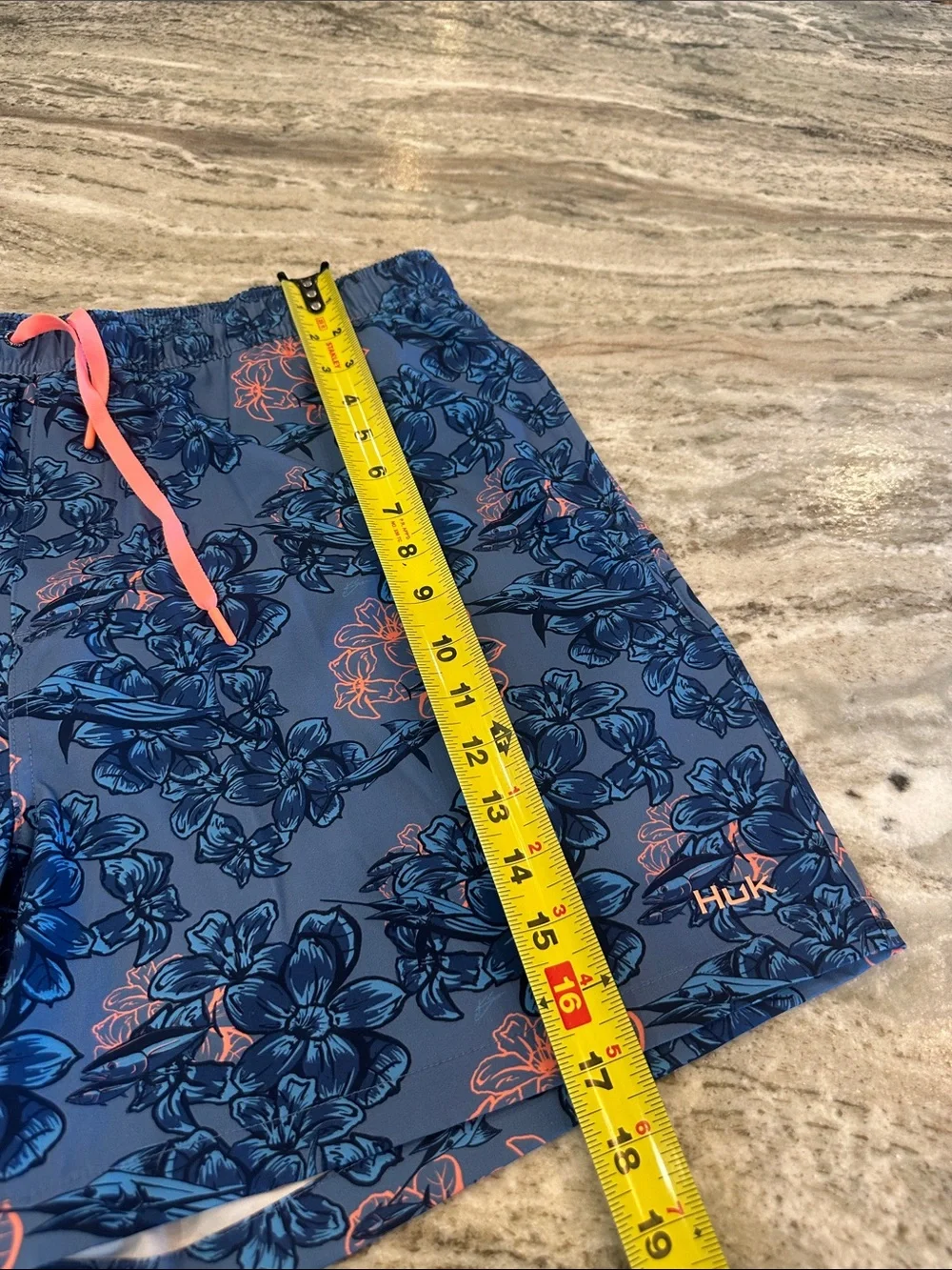 Huk Men’s Blue Floral Swim Trunks with Coral Drawstring